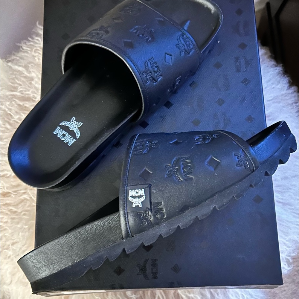 MCM Embossed Black Slide Sandals
